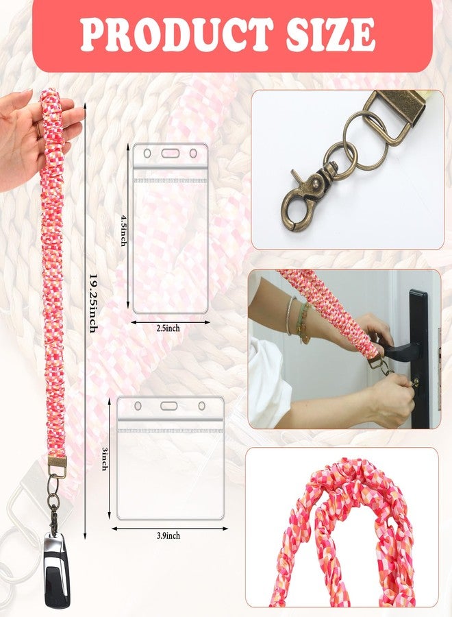 Marspark 2 Set Scrunchie Lanyards with 4 Card Holders for ID Badges and Keys Cute Stretchy Scrunchie Neck and Wrist Lanyards for Teacher Women Nurses School Office Supplies (Pink,Striped) - Image 2