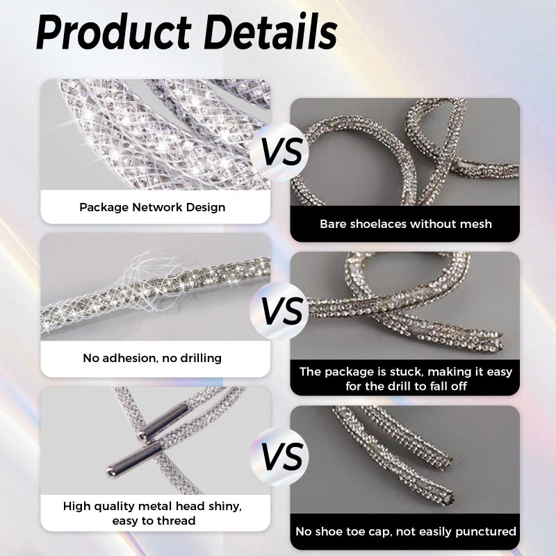 AxiyanX Rhinestone Glitter Rope 47in Sparkly Shoelaces for Sneakers, 2PCS round Shoe Laces Replacement Drawstring Cords for Women Men (white, 47in) - Image 3