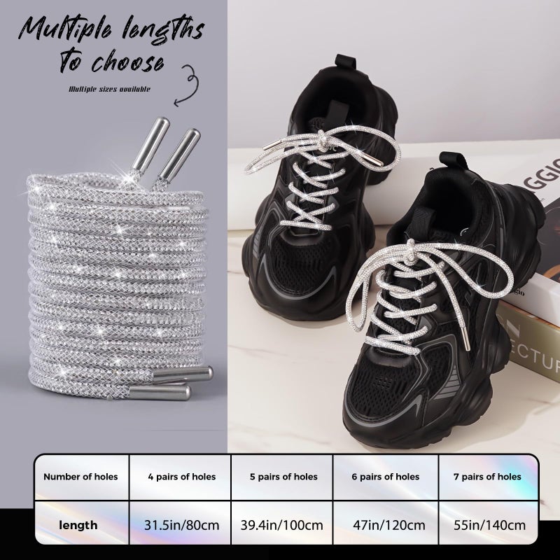 AxiyanX Rhinestone Glitter Rope 47in Sparkly Shoelaces for Sneakers, 2PCS round Shoe Laces Replacement Drawstring Cords for Women Men (white, 47in) - Image 4