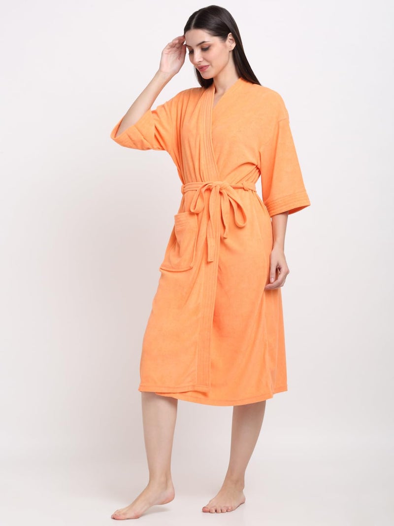 CREEVA Everyday Unisex Micro Terry Bathrobe Collection With kimono collar and 1 Pocket, 3/4 Sleeve Bath Robe Super Soft Light Weight - Orange - Image 2