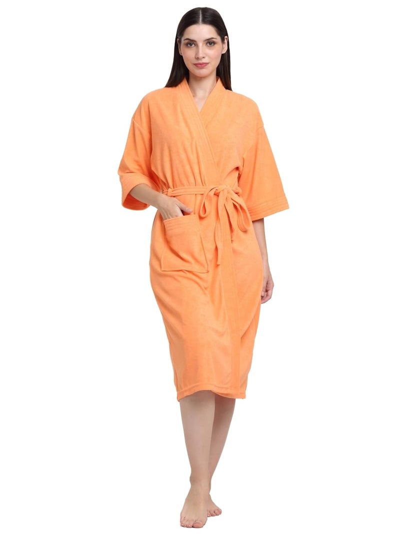 CREEVA Everyday Unisex Micro Terry Bathrobe Collection With kimono collar and 1 Pocket, 3/4 Sleeve Bath Robe Super Soft Light Weight - Orange - Image 1