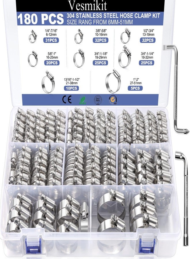 Vesmikit Hose Clamp Assortment- 180 PCS Stainless Steel Hose Clamps Kit 1/4"-2"(6-51mm) Worm Gear Clamps for Fuel Line, Plumbing, Automotive, Mechanical Applications, Pipe, Tube, Radiator, Garden - Image 1