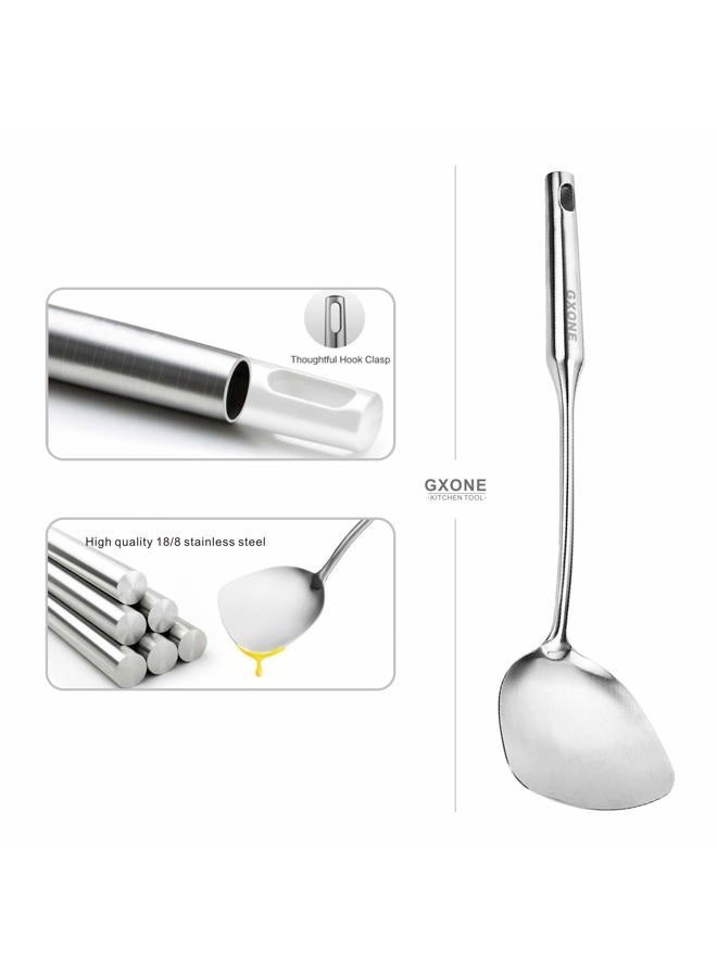 GXONE Wok Spatula stainless steel, Wide Spatula Turner with Hollow Long Heat Resistant Handle Wok Utensils,Silver/14.7Inch - Image 3