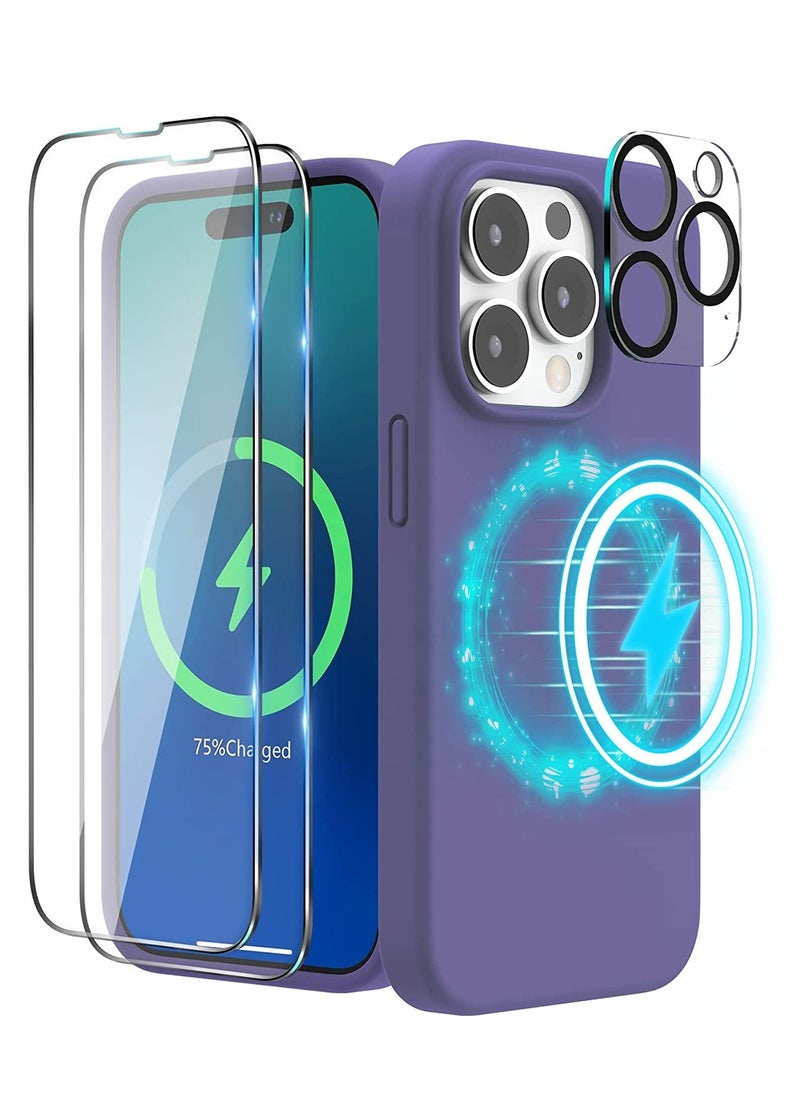 BGM (4 in 1 iPhone 14 Pro MAX Case (6.7 inch 2022), Compatible with MagSafe, with 2 Screen Protector + 1 Camera Protector, Silicone Case for iPhone 14 Pro MAX (Purple) 
