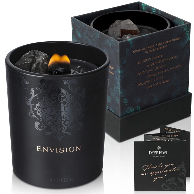Deep Eden Black Orchid & Pine Moss Scented Crystal Candle - Luxury Manifestation Candle with Smoky Quartz and Clear Quartz Crystals - 7.4oz Natural Soy, Coconut & Beeswax, Wood Wick - Image 1