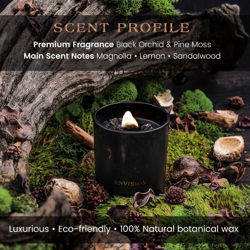 Deep Eden Black Orchid & Pine Moss Scented Crystal Candle - Luxury Manifestation Candle with Smoky Quartz and Clear Quartz Crystals - 7.4oz Natural Soy, Coconut & Beeswax, Wood Wick - Image 3