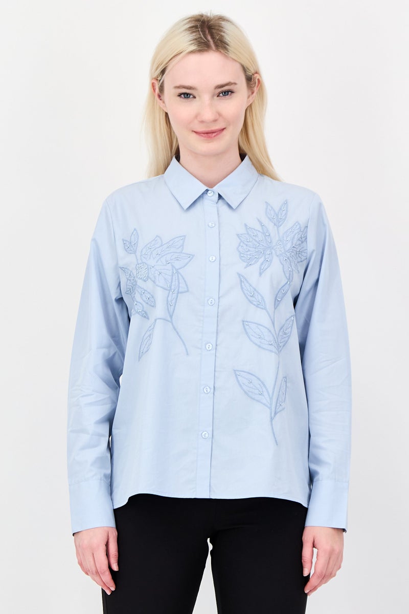 bebe Women Spread Collar Embroidered Long Sleeve Shirt, Light Slate Blue - Image 1