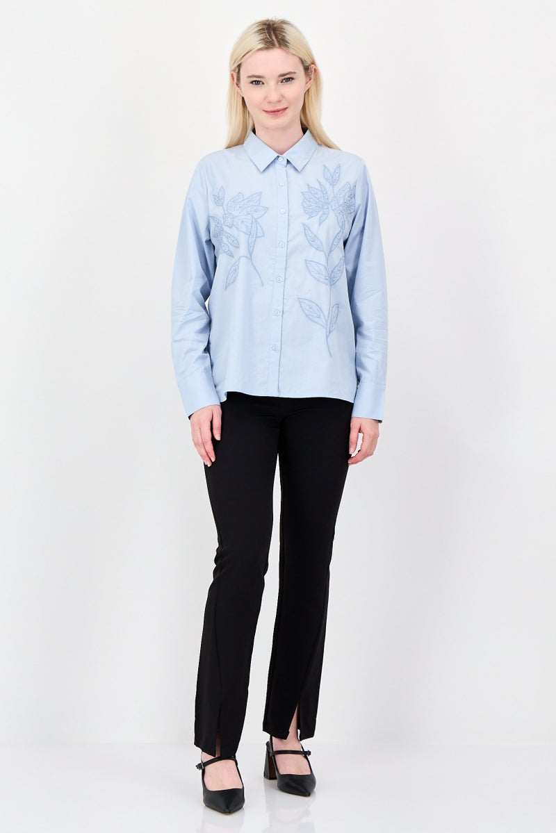 bebe Women Spread Collar Embroidered Long Sleeve Shirt, Light Slate Blue - Image 2