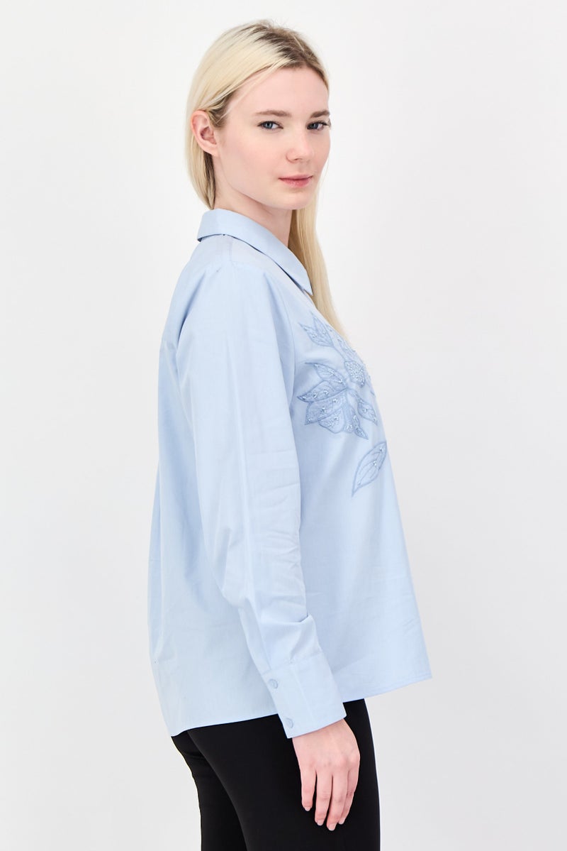 bebe Women Spread Collar Embroidered Long Sleeve Shirt, Light Slate Blue - Image 4