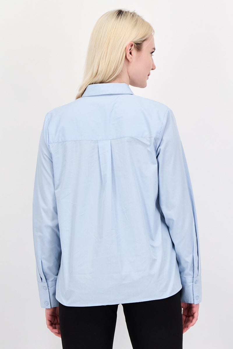 bebe Women Spread Collar Embroidered Long Sleeve Shirt, Light Slate Blue - Image 3