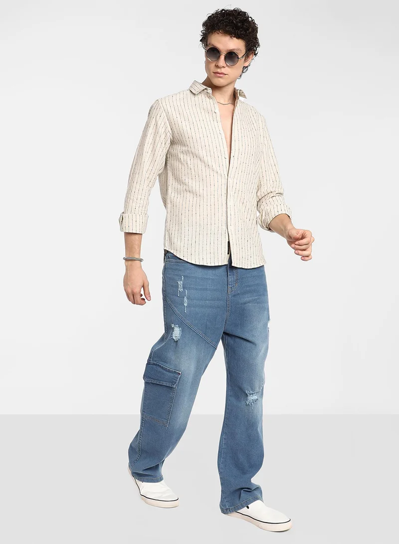 كامبوس سوترا Men's Canvas Beige Chalk-Striped Shirt
