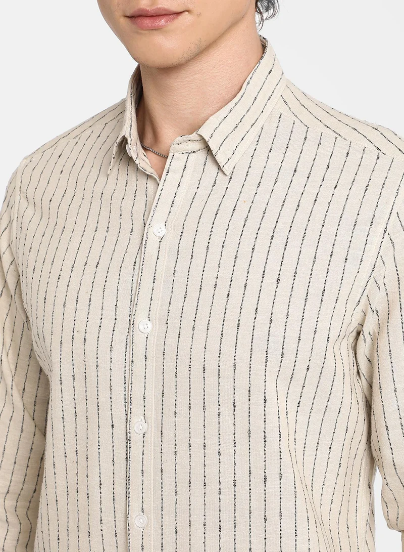 كامبوس سوترا Men's Canvas Beige Chalk-Striped Shirt