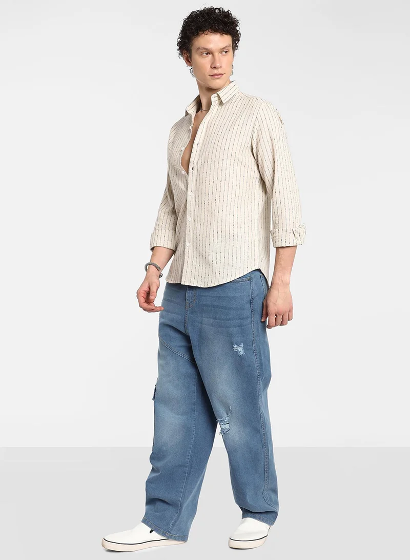 كامبوس سوترا Men's Canvas Beige Chalk-Striped Shirt