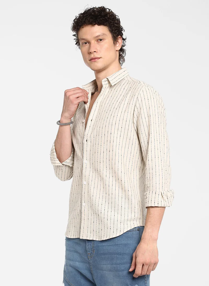 كامبوس سوترا Men's Canvas Beige Chalk-Striped Shirt