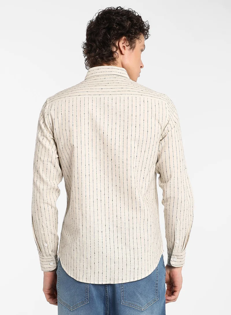 كامبوس سوترا Men's Canvas Beige Chalk-Striped Shirt