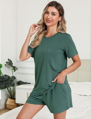 EISHOPEER Women Ribbed Knit Loungwear 2 Pieces Soft Ribbed Knit Pajama Top and Bottom Dark Green Large - Image 2