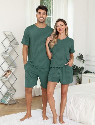 EISHOPEER Women Ribbed Knit Loungwear 2 Pieces Soft Ribbed Knit Pajama Top and Bottom Dark Green Large - Image 4