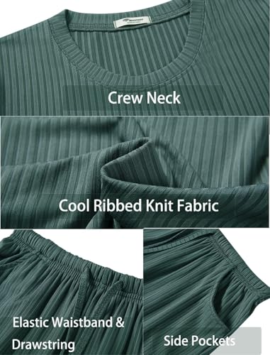 EISHOPEER Women Ribbed Knit Loungwear 2 Pieces Soft Ribbed Knit Pajama Top and Bottom Dark Green Large - Image 5