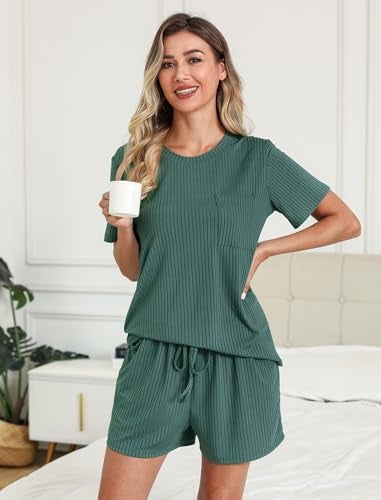 EISHOPEER Women Ribbed Knit Loungwear 2 Pieces Soft Ribbed Knit Pajama Top and Bottom Dark Green Large - Image 3