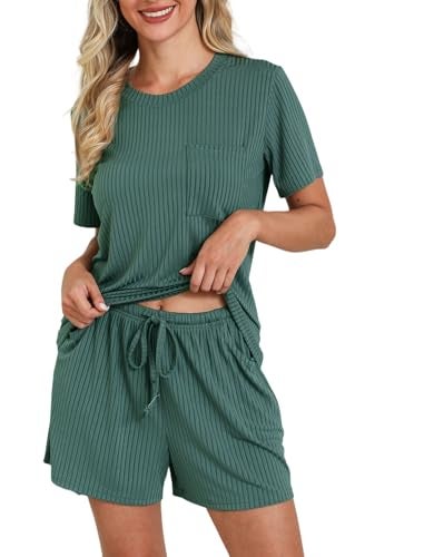EISHOPEER Women Ribbed Knit Loungwear 2 Pieces Soft Ribbed Knit Pajama Top and Bottom Dark Green Large - Image 1