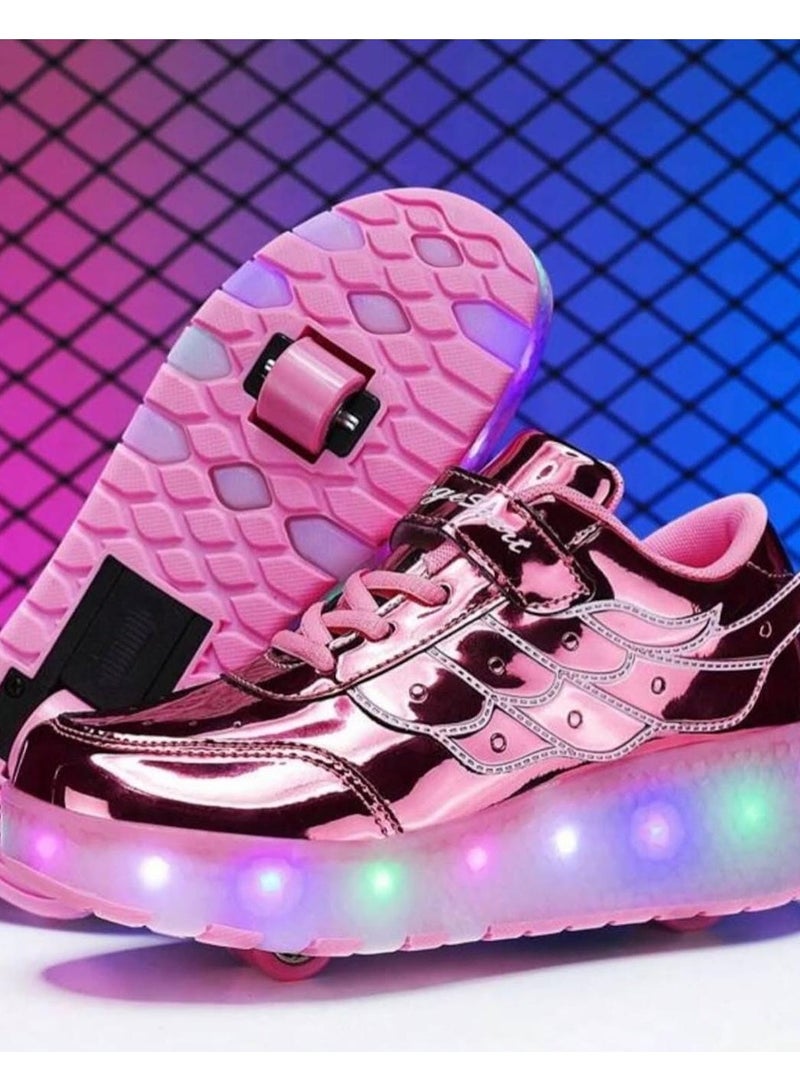 Huitich Pink Double-Wheel LED Roller Skate Shoes for Kids – Deformable Sneakers | Size 30 / Inner Length 20cm - Image 2