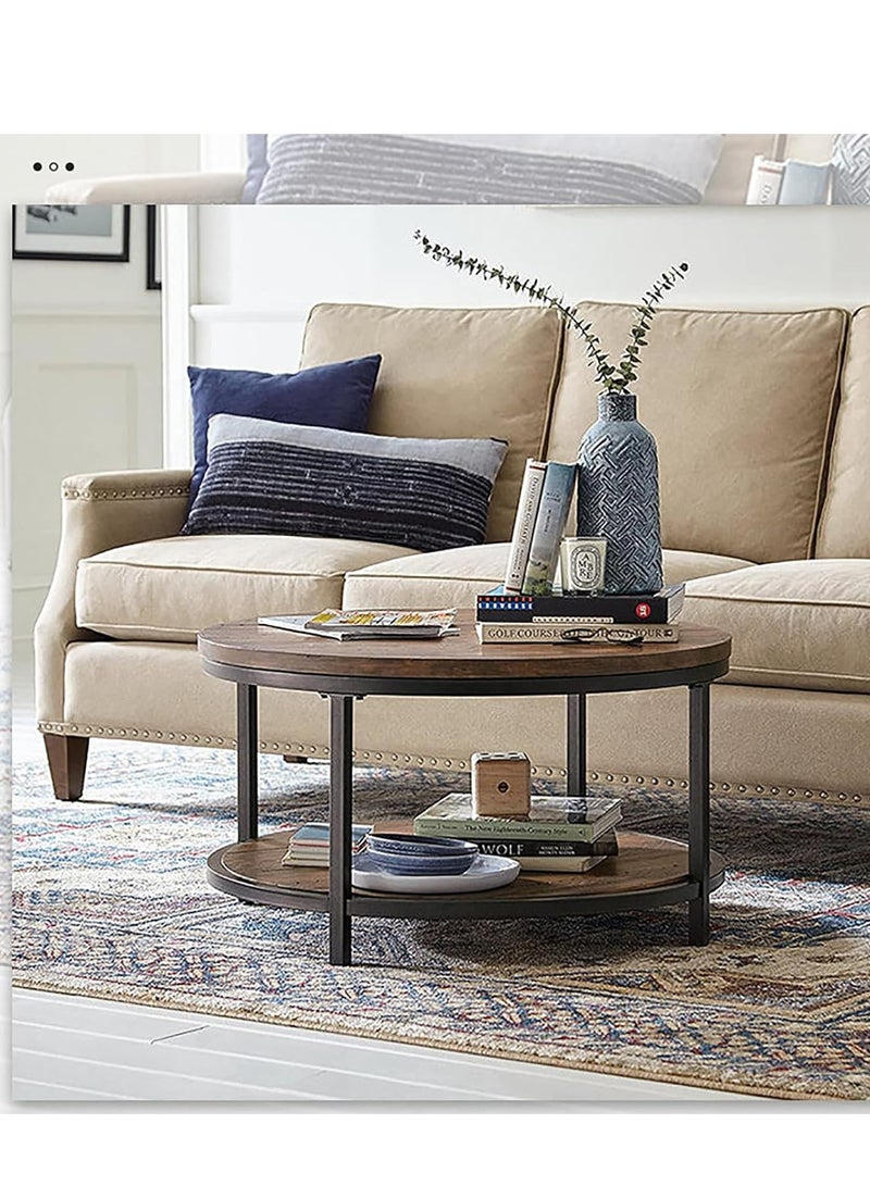 AGD Round Coffee Table,Coffee Table for Living Room,2-Tier Rustic Wood Desktop & Sturdy Metal Legs Table Modern Design Home Furniture with Storage Shelf Iron Coffee Table - Image 1