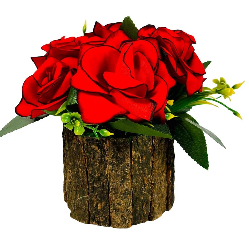 Dekorly Potted Plants Indoor Small Artificial Silk Plants Decor for Home Table Office Desk Bedroom Living Room Bathroom Shelf Farmhouse | Wooden Pot (Red-Velvet Rose, One Plant) - Image 2