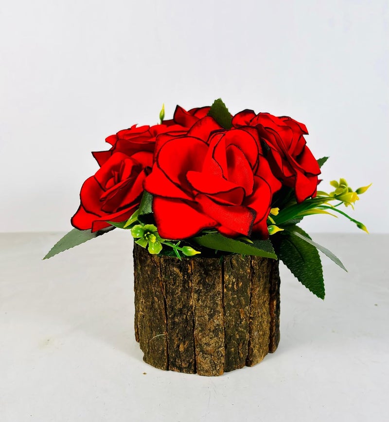 Dekorly Potted Plants Indoor Small Artificial Silk Plants Decor for Home Table Office Desk Bedroom Living Room Bathroom Shelf Farmhouse | Wooden Pot (Red-Velvet Rose, One Plant) - Image 1