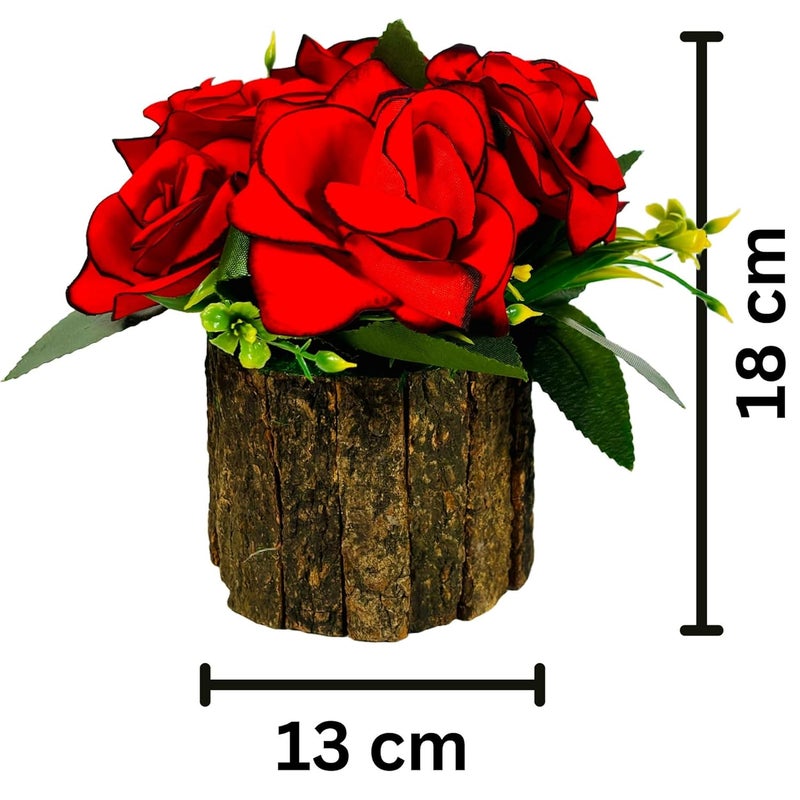 Dekorly Potted Plants Indoor Small Artificial Silk Plants Decor for Home Table Office Desk Bedroom Living Room Bathroom Shelf Farmhouse | Wooden Pot (Red-Velvet Rose, One Plant) - Image 3