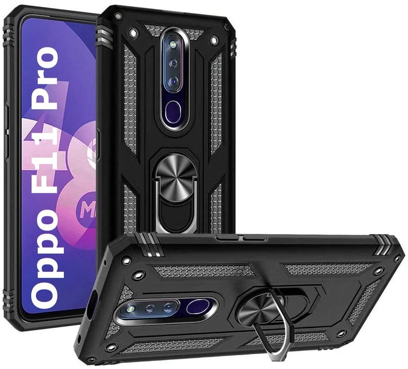 REALCASE Oppo F11 Pro Back Cover, Stylish, Heavy Duty Polycarbonate Dual Layer Hybrid Armor Ring Holder Kickstand, Shock Proof Bumper Case Back Cover for Oppo F11 Pro (R Black) - Image 1