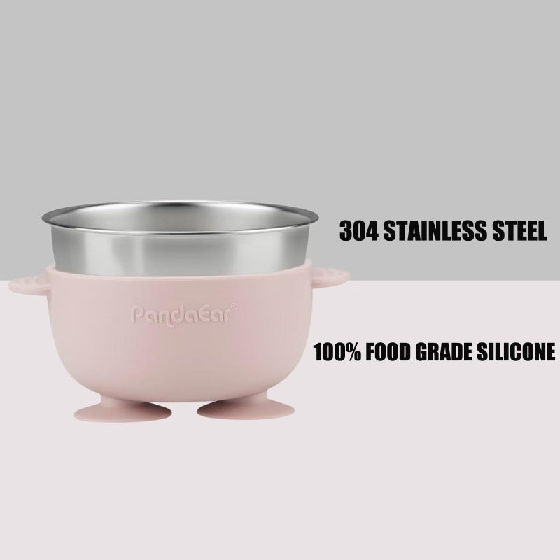 PandaEar 6-in-1 Stainless Steel Baby Feeding Set | Divided Suction Plate, Bowl, Sippy Cup with Straw, Bib, Spoon & Fork | BPA-Free Toddler Feeding Essentials for Self-Feeding (Pink) - Image 4