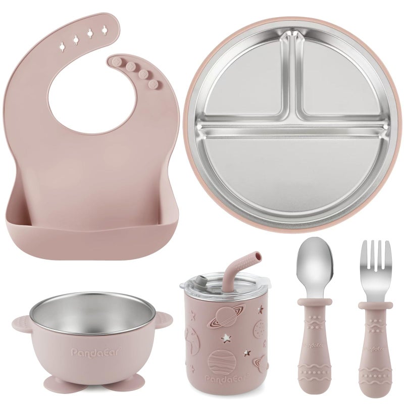 PandaEar 6-in-1 Stainless Steel Baby Feeding Set | Divided Suction Plate, Bowl, Sippy Cup with Straw, Bib, Spoon & Fork | BPA-Free Toddler Feeding Essentials for Self-Feeding (Pink) - Image 1