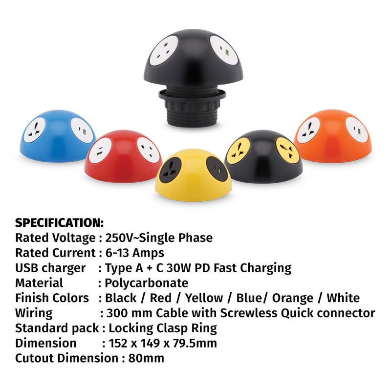 MX MX Pluto Grommet Power Hub with 2 Universal Sockets 2 USB AC Fast Charging Ports 30W PD Quick Charge Multi Plug Power Socket Easy Mounting Desktop Charging Station Desk USB Charger  - Image 5