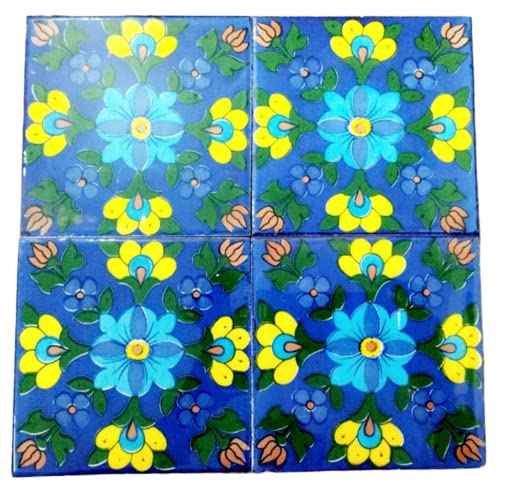 Craft Park Blue Pottery Ceramic Floral Design Handmade WallFloor Tiles Pack of 4