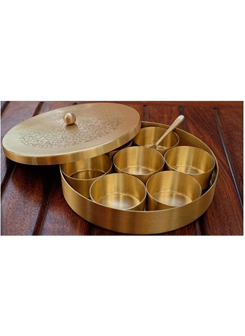 QUESERA - Floral Etched Handcrafted Brass Spice Box Set for Kitchen with Spoon Spice Box Brass Masala Box Masala Dani Masala Dabba Spice Container - Image 1