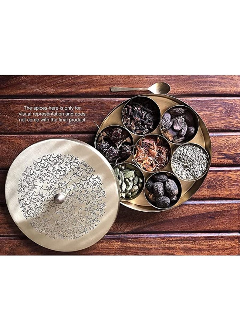 QUESERA - Floral Etched Handcrafted Brass Spice Box Set for Kitchen with Spoon Spice Box Brass Masala Box Masala Dani Masala Dabba Spice Container - Image 1