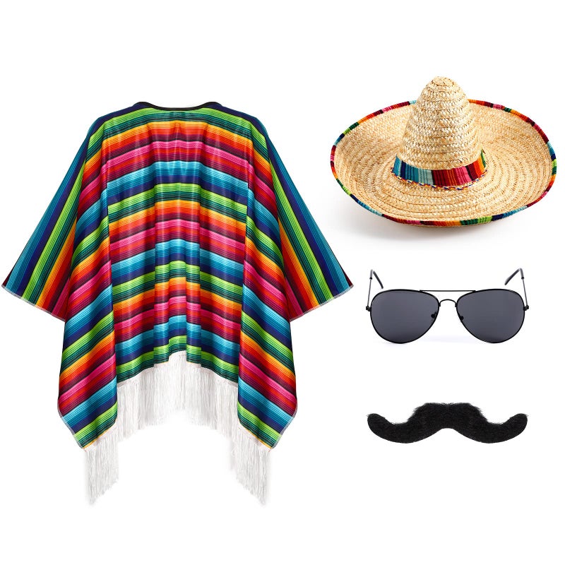 Yahenda Mexican Costume Accessories Set: Serape Poncho, Sombrero Hat, Sunglasses, and Mustache for Adults - Cinco De Mayo Fiesta, Rainbow, Adult Size - Image 1