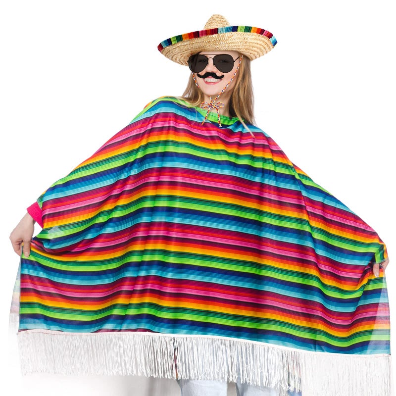 Yahenda Mexican Costume Accessories Set: Serape Poncho, Sombrero Hat, Sunglasses, and Mustache for Adults - Cinco De Mayo Fiesta, Rainbow, Adult Size - Image 3