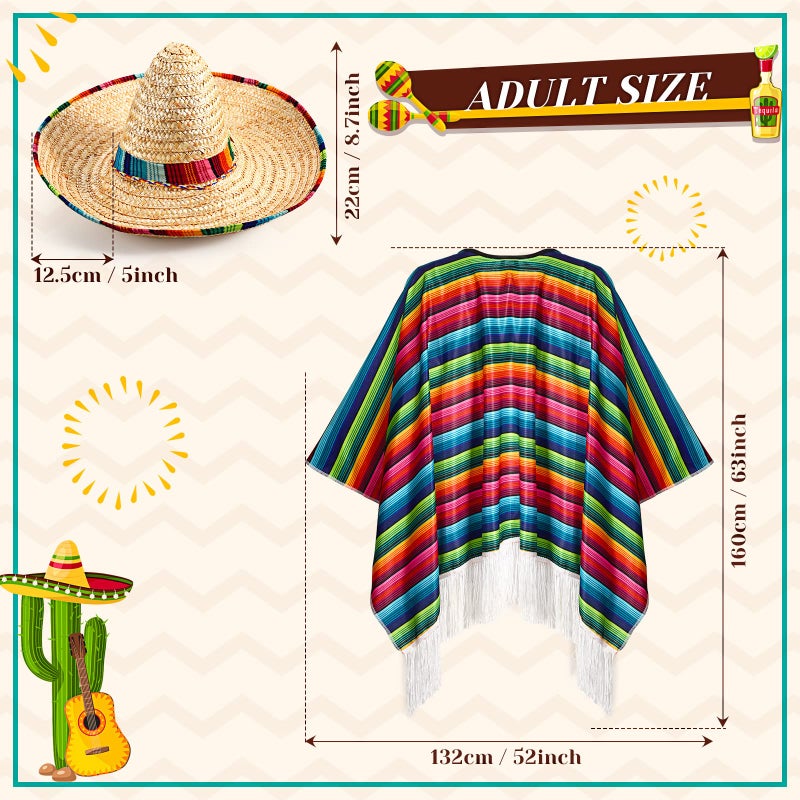 Yahenda Mexican Costume Accessories Set: Serape Poncho, Sombrero Hat, Sunglasses, and Mustache for Adults - Cinco De Mayo Fiesta, Rainbow, Adult Size - Image 4