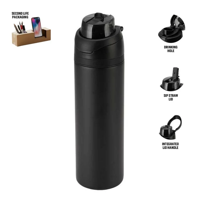هانز لارسن Hans Larsen Aero Sip Recycled Stainless Steel Water Bottle 750ml Dual Sip Lid with Straw & Drinking Hole, Leakproof Travel Bottle, Sleek Matte Finish, Eco-Friendly Reusable For Sports & Office - Black