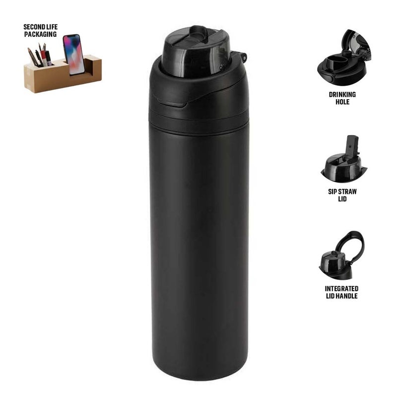 Hans Larsen Aero Sip Recycled Stainless Steel Water Bottle 750ml Dual Sip Lid with Straw & Drinking Hole, Leakproof Travel Bottle, Sleek Matte Finish, Eco-Friendly Reusable For Sports & Office - Black - Image 2