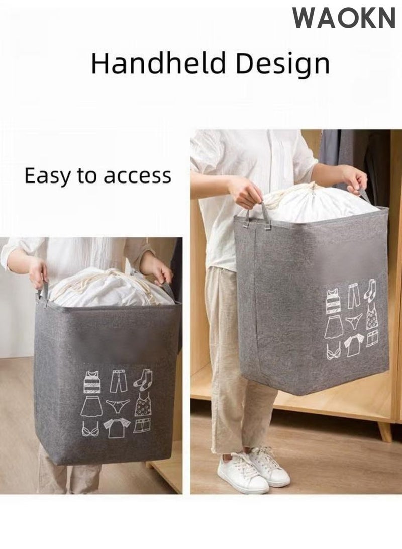 دبليو أيه أو كي أن حقيبة غسيل كبيرة سعة 75 لتر، كبيرة جدًا 43 × 33 × 52 سم، حقيبة تخزين الملابس المتسخة قابلة للغسل في الغسالة، سلة تخزين برباط قابلة للطي (رمادي) - Image 5
