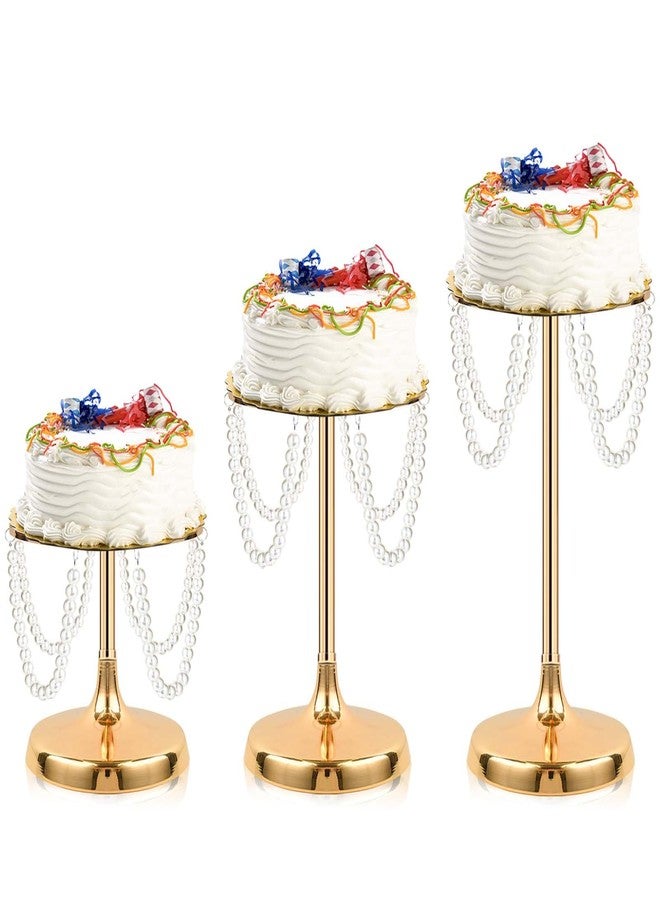 kolnlala Set of 3 Gold Round Pearl Cake Stand, Dessert Table Metal Cake Display Stand Set with Pearl Pendant Wedding Birthday Cake Base Stand for Wedding Anniversary Birthday Party Celebration - Image 1