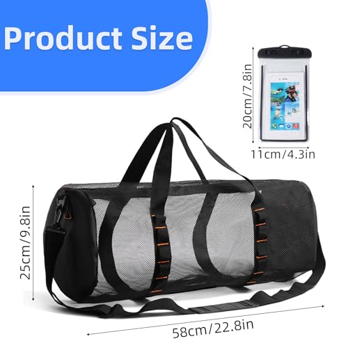 Klmnop Large Mesh Dive Bag, Scuba Gear Bag Duffle Dive Case with Waterproof Phone Pouch and Adjustable Shoulder Strap for Diving Equipment Snorkeling Gear(Black) - Image 2