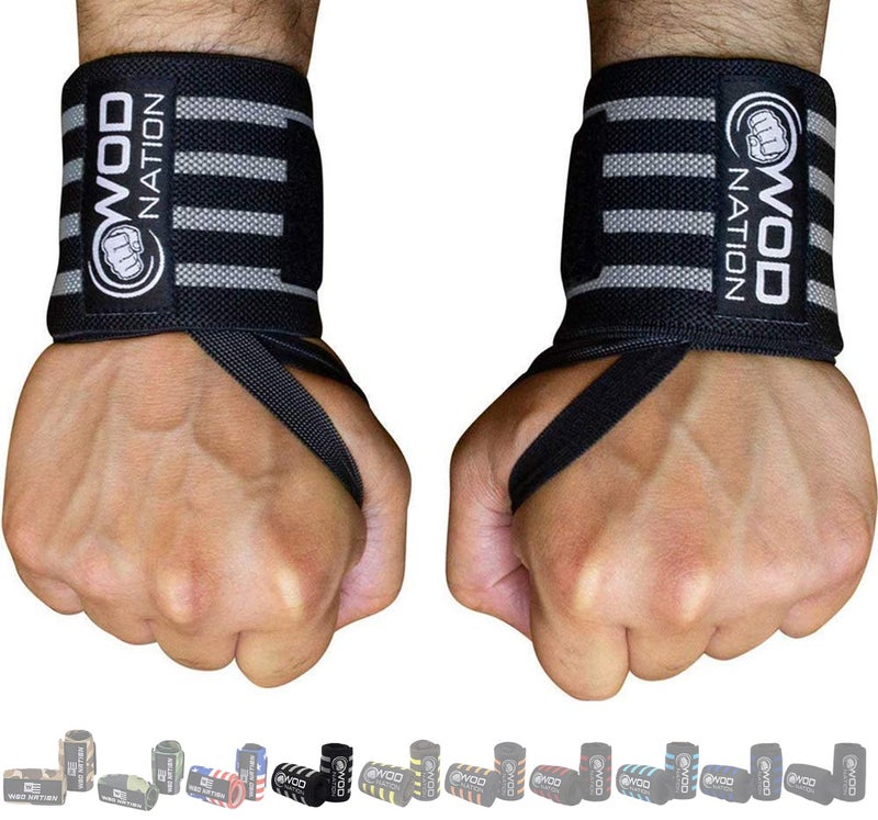 WOD Nation Wrist Wraps - 12-Inch, Black & Grey - Gym Wrist Straps & Lifting Straps for Strength Training & Weightlifting Support, Thumb Loop & Hook & Loop Closure - Image 1