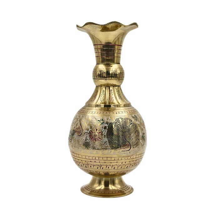 VINTAGE BRASS VASE WITH ETCHED ENAMEL FLORAL DESIGN ANTIQUE CHARM DECORATIVE SHOWPIECE 22 CM BRASS GOLDEN