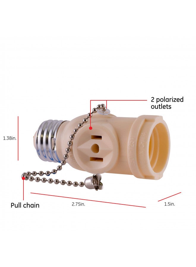 GE Power Gear 2-Outlet Socket Adapter, Pull Chain Light Control, Polarized, 2-Prong, Perfect for Workshop, Garage or Utility Room, 125VAC/250W, UL Listed, Light Almond, 54180 - Image 2