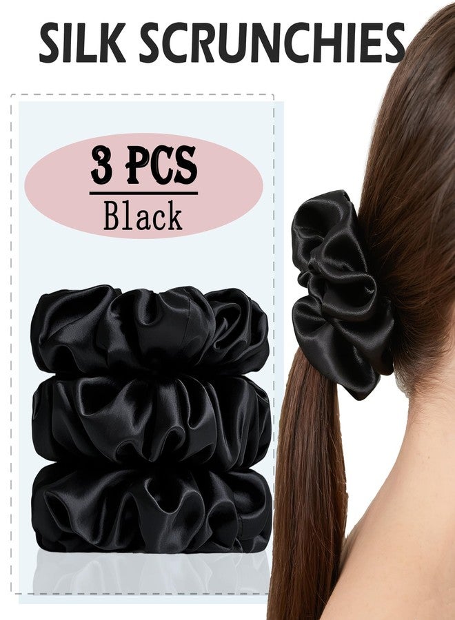 Feivea 3Pcs 22 Momme 100% Mulberry Silk Scrunchies for Women, Pure Silk Hair Ties for Women, No Damage Skinny Scrunchies, Black - Image 3