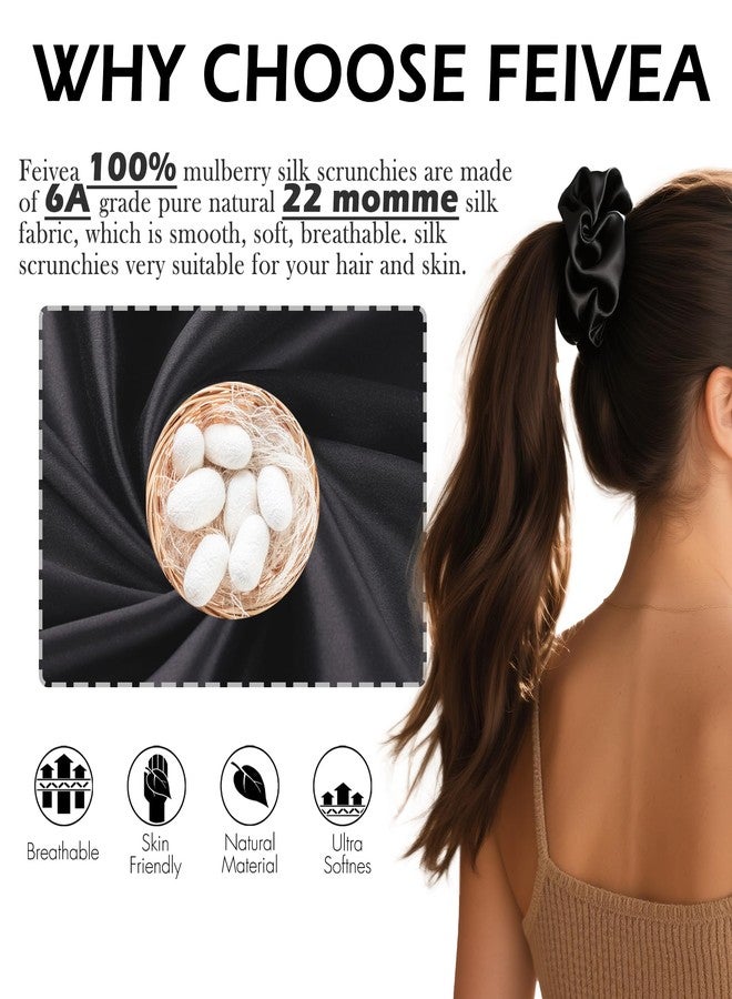 Feivea 3Pcs 22 Momme 100% Mulberry Silk Scrunchies for Women, Pure Silk Hair Ties for Women, No Damage Skinny Scrunchies, Black - Image 5