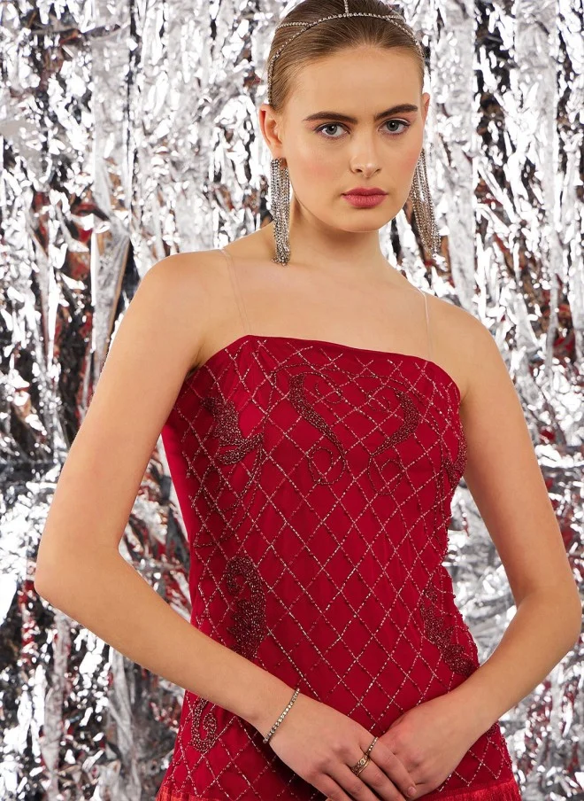 STREET 9 Red Embellished Fringed Strapless Dress for Women